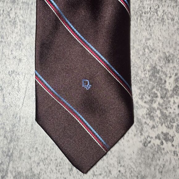 CHRISTIAN DIOR Vintage Brown Diagonal Stripe Print Silk Poly Blend Tie Y2K - Picture 2 of 8